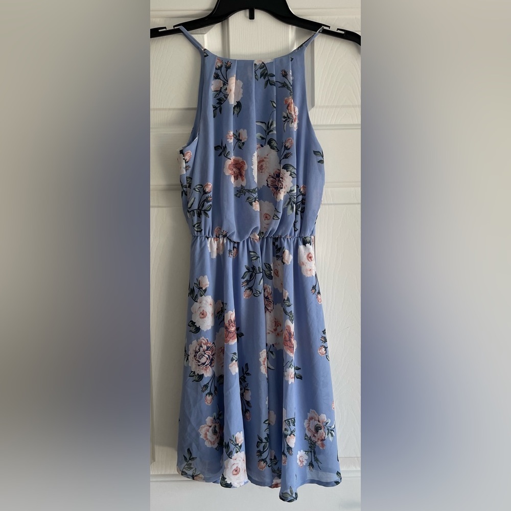 EUC Blue Rain Floral Print Fit and Flare Halter Dress Elastic Waist Size XXS